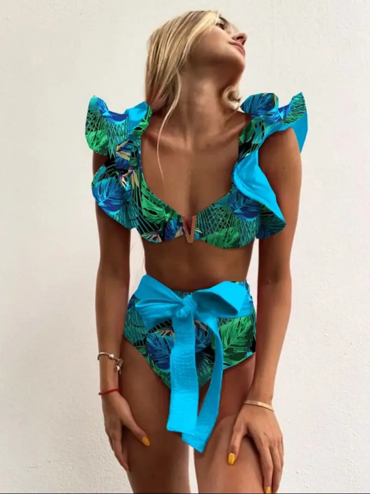 Two-Pieces Women Floral Push-Up Padded Bra Ruffles Bandage Bikini Set Swimsuit Swimwear Bathing Suit Beachwear Biquini 250108