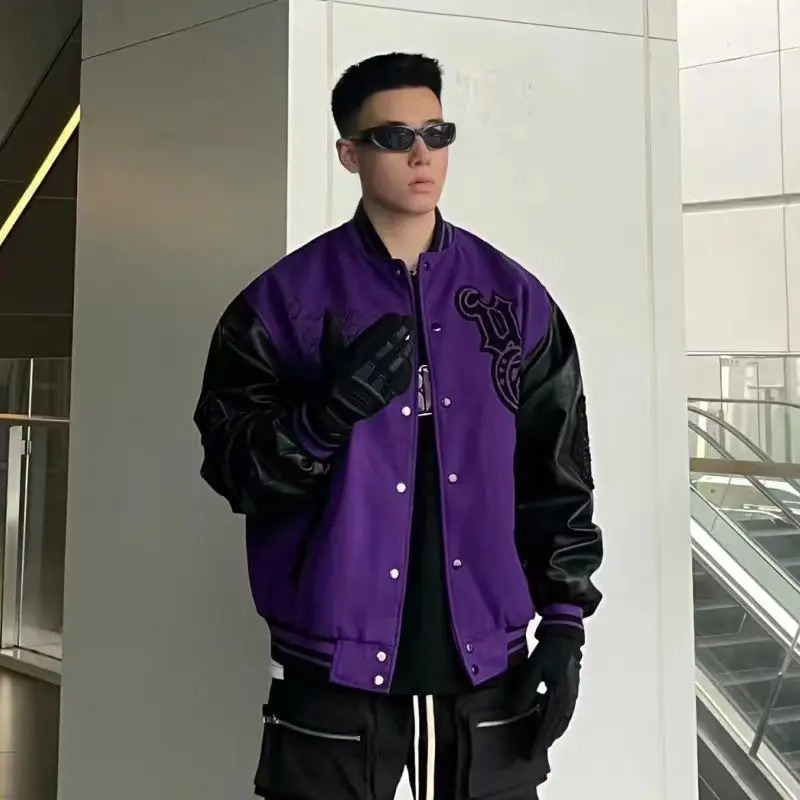 VIntage Varsity Jacket Men Purple Baseball Jackets Embroidery PU Faux Leather Sleeves Spring Autumn Women Bomber Coat 250107