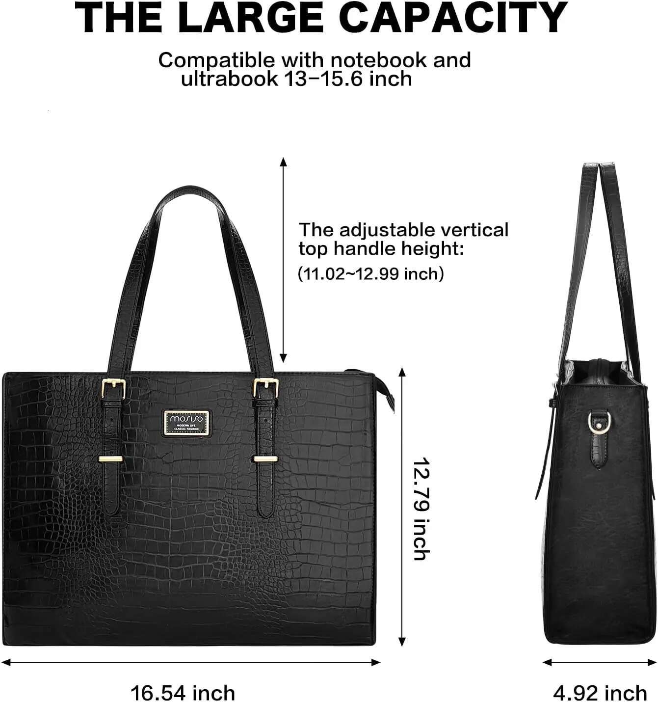 PU Leather Laptop Tote Bag 15.6 inch Women Handbag Crocodile Large Capacity Travel Business Commuting Shoulder Messenger Bags