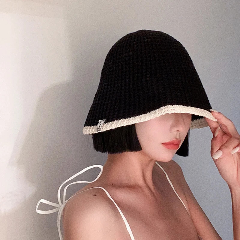 Summer Knitted Bucket Hat Breathable Colorblock Womens Hip Hop Cap Men Foldable Bob Fisherman Hat Outdoor Travel Gorros Panama 250107