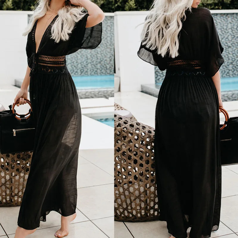 S3XL Plus Size Beach Dress For Women Solid Black White Lace Beachwear Sun Protection Clothes Knitted Cover Up 250108