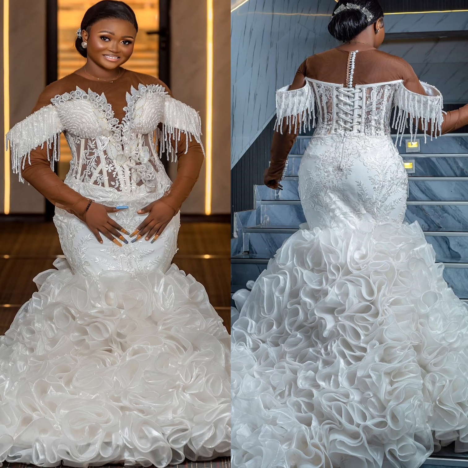 Ivory Lace Plus Size Wedding Dress with Pearls, wers & Beadings - Organza Tiers Bridal Gown