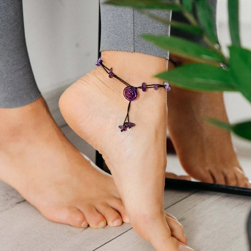 The Emotional Healing Anklet women Amethyst Powder Crystal Dongling Jade Jewelry Stone Foot Decoration 250107