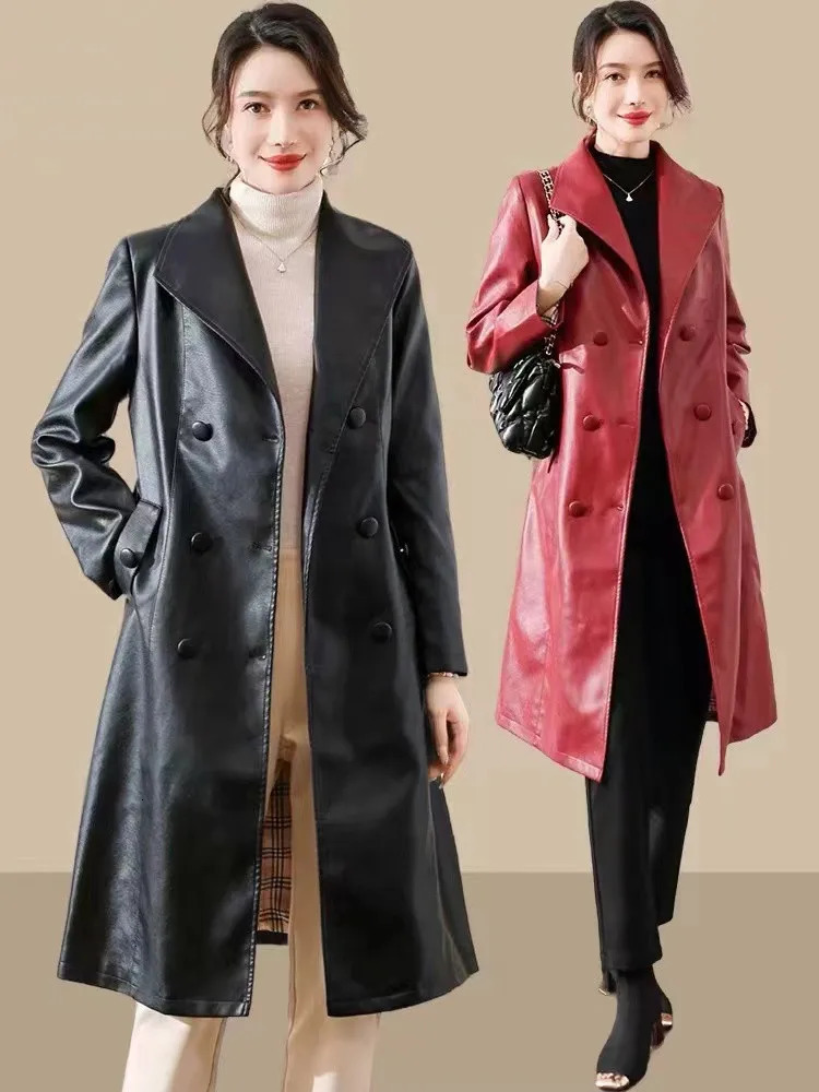 womens trench coat for autumnwinter 2024 in Haining China made of genuine leather long length knee over sheeps 250103