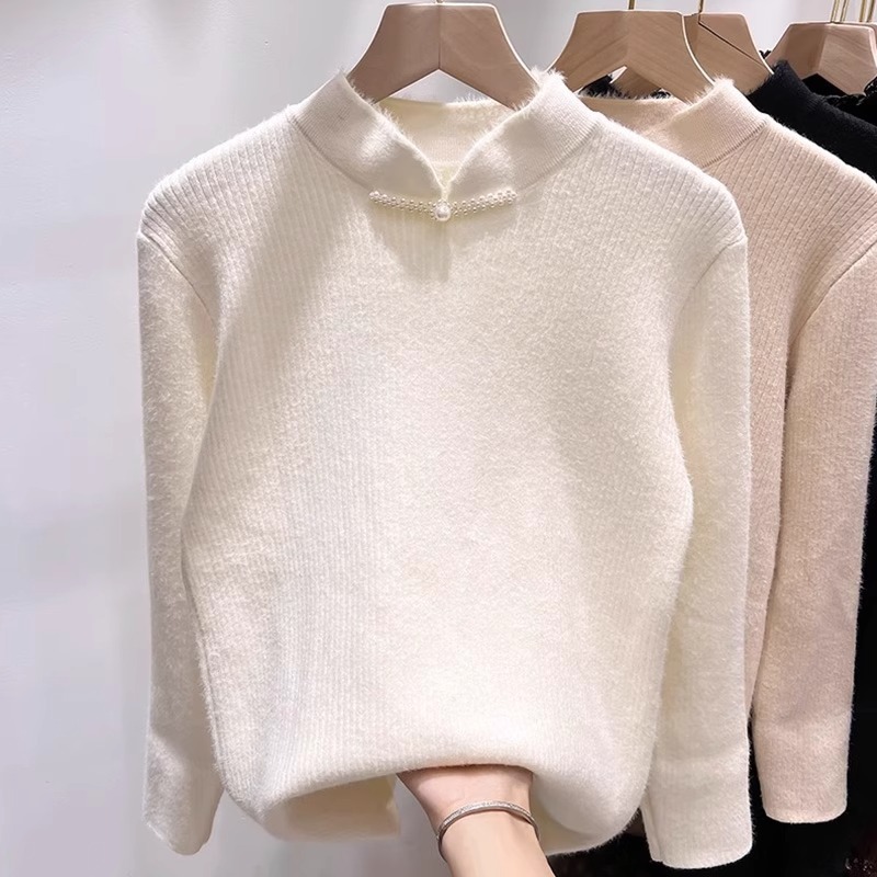 M1015 Chinese style buttoned plus velvet warm half-high collar knitted bottoming shirt women's one-piece fleece top spot autumn and winter inner 