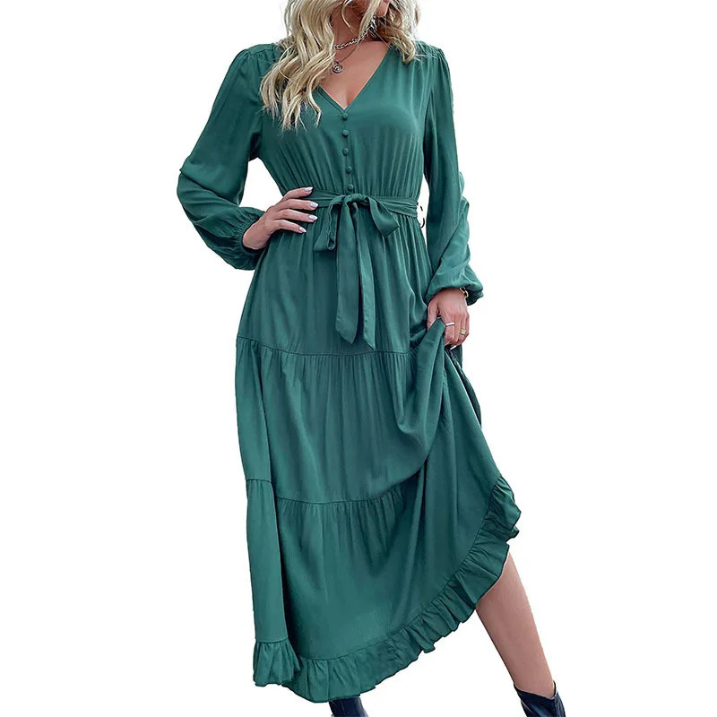 2024 Women Casual Long Sleeve v Neck Fall Dress Bohemian Ruffled Relaxed Fit Solid Maxi Dresses Tiered Cocktail Dress 250107