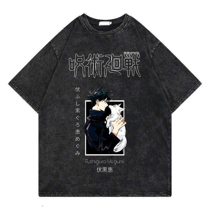 Washed T-shirt Street Hip Hop Anime Spell Battle Cartoon Printed Graphic Casual Cotton Summer Short Sleeve