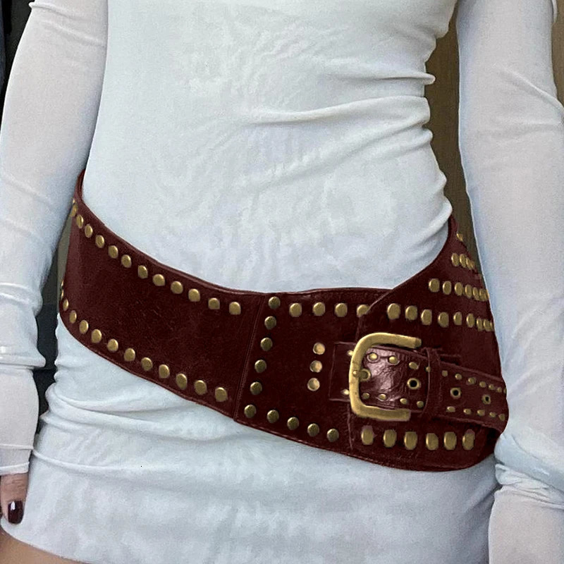 Rockmore Vintage PU Wide Belts Rivet Pin Buckle Leather Belt for Women Dress Jeans Waistband y2k Punk Rock Accessories 250107