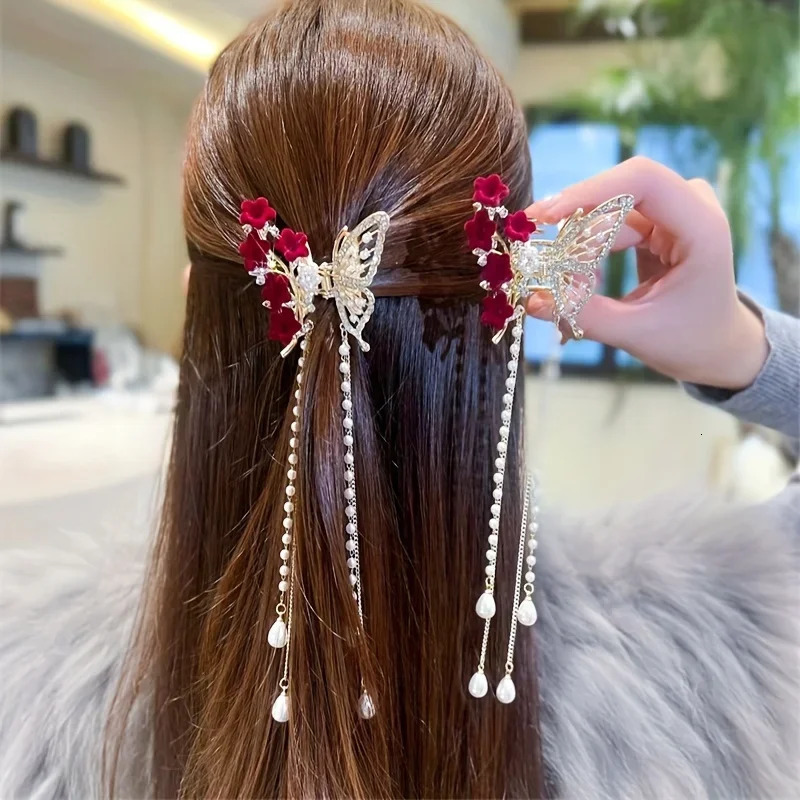 1pc Faux Pearl Tassel Hair Claw Clip Red Rose Jaw Clips Metal Shark Clips For Women Girls Hair Styling Accessories 250103