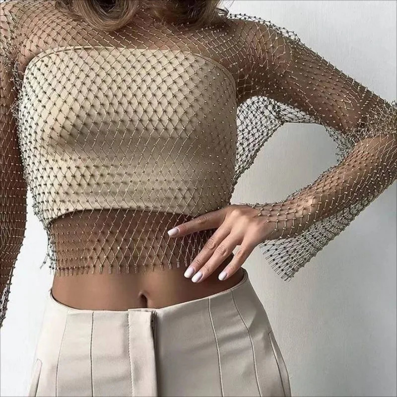 Women Sexy Mesh See Through T Shirt Shiny Rhinestone Fishnet Hollow Out Crop Top Long Sleeve Beach Cover Up Party Club Tank Tops 250107