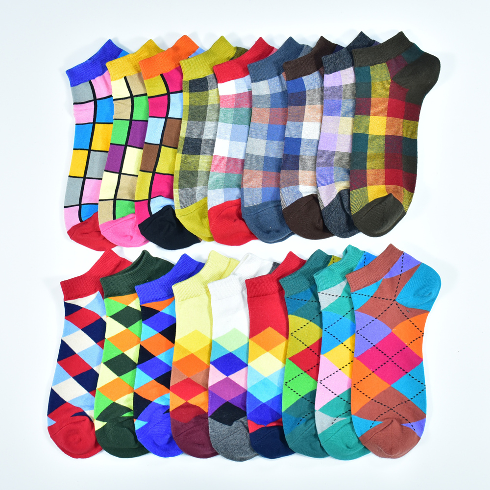 6 Pairs Men Novelty Fashion Colorful Casual Ankle Short Socks Harajuku Grid Space Cotton Happy Funny Men Women Socks