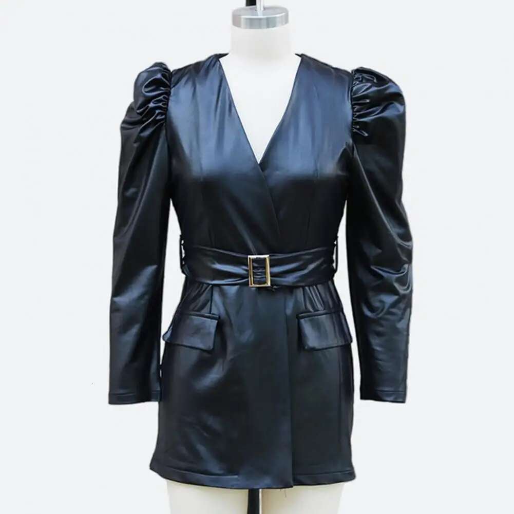 Summer Women Smooth Faux Leather V Neck Long Bubble Sleeves Belted Waist Lady Slim Fit Solid Color Mini Dress