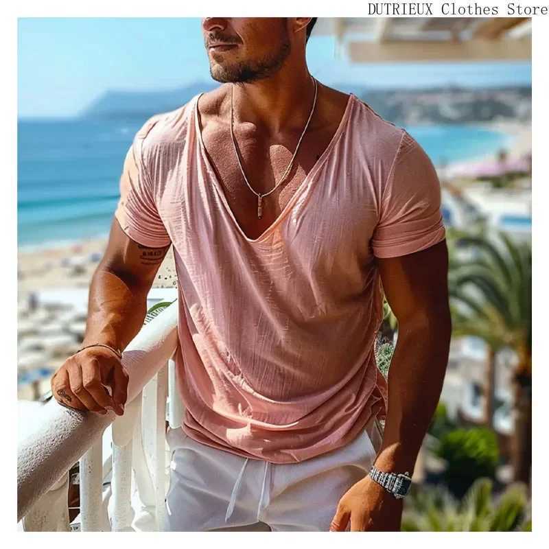 High Quality Summer new oversized mens V-neck T-shirt solid color mens short sleeved T-shirt mens clothing pink short sleeved T-shirt T250108