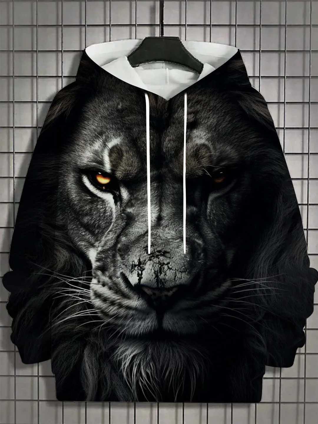 Mens 3D printed animal lion graphic long sleeved hooded sweatshirt fashionable and casual autumn new unisex top super large hooded sweatshirt W250108