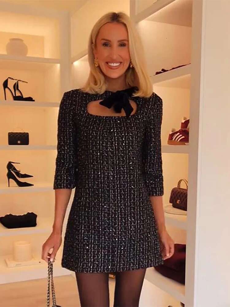 Fashion Bow Tweed Mini For Women 2025 Elegant Half Sleeve High Waist Evening Short Dress Female A-E Chic Party Vestidos