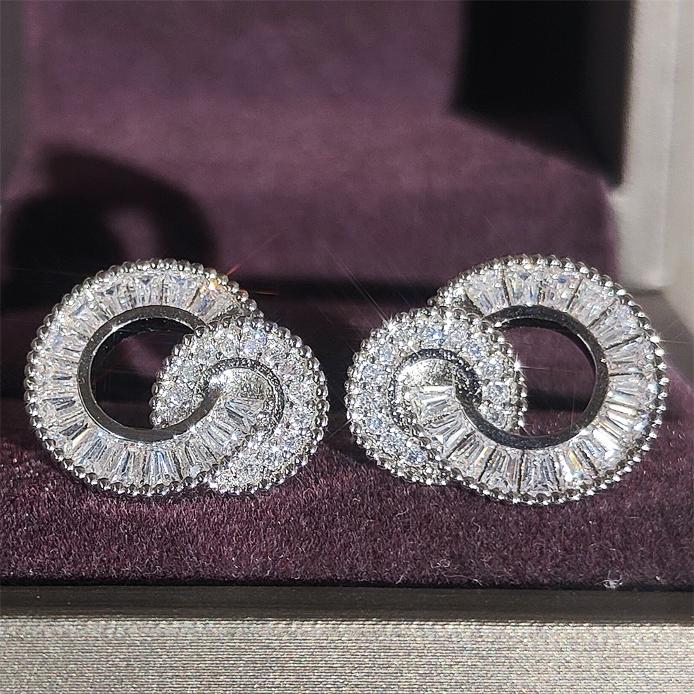 2025 Top Sell Classical Jewelry Stud Earrings 925 Sterling Silver Full Princess Cut White Topaz CZ Diamond Gemstones Elegant Women Double Circle Earri
