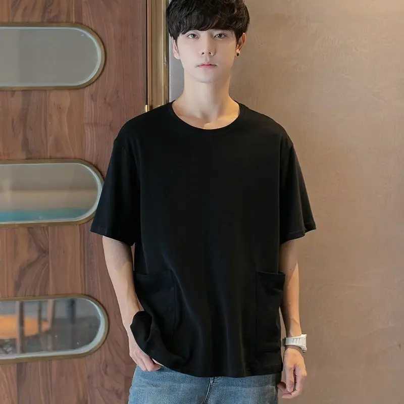 Fashionable and casual floral mens solid color loose T-shirt straight round neck handsome short sleeved spring/summer mens clothing M250108