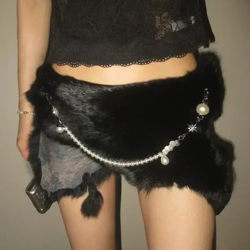 Sexy Rabbit Fur Belt Pearl Chain Y2K Furry Belt Vintage Cow Belts Gothic Punk Star Waistband HipHop Waistband Jeans Pants 250107