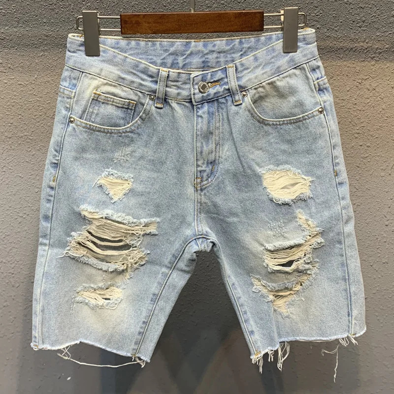 Summer Mens Ripped Denim Shorts Light Blue Knee Length Jeans Fashion Trend Raw Hem Beggar Pants Shorts Short Jeans Breeches 250107