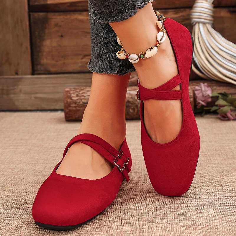 Double Buckle Red Ballet Flats Women 2025 Brand Designer Square Toe Mary Jane Shoes Woman Comfort Soft Sole Casual Walking ShoesC250108