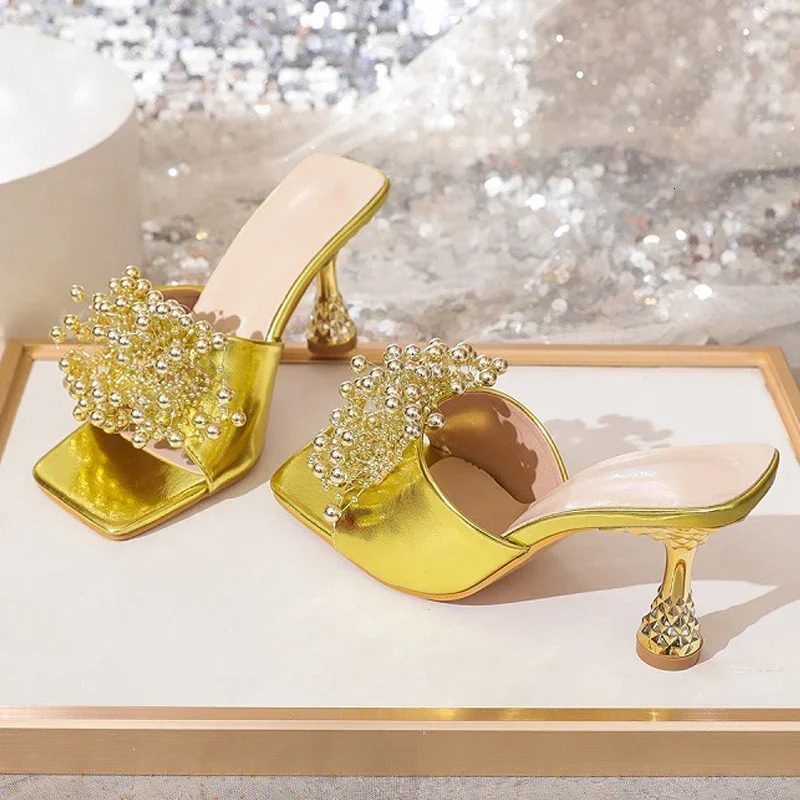 Summer Open Toe High Heels Slippers for Women String Beads Fashion Golden Slides Party Shoes Fashion Slingback Sandals Female 250107