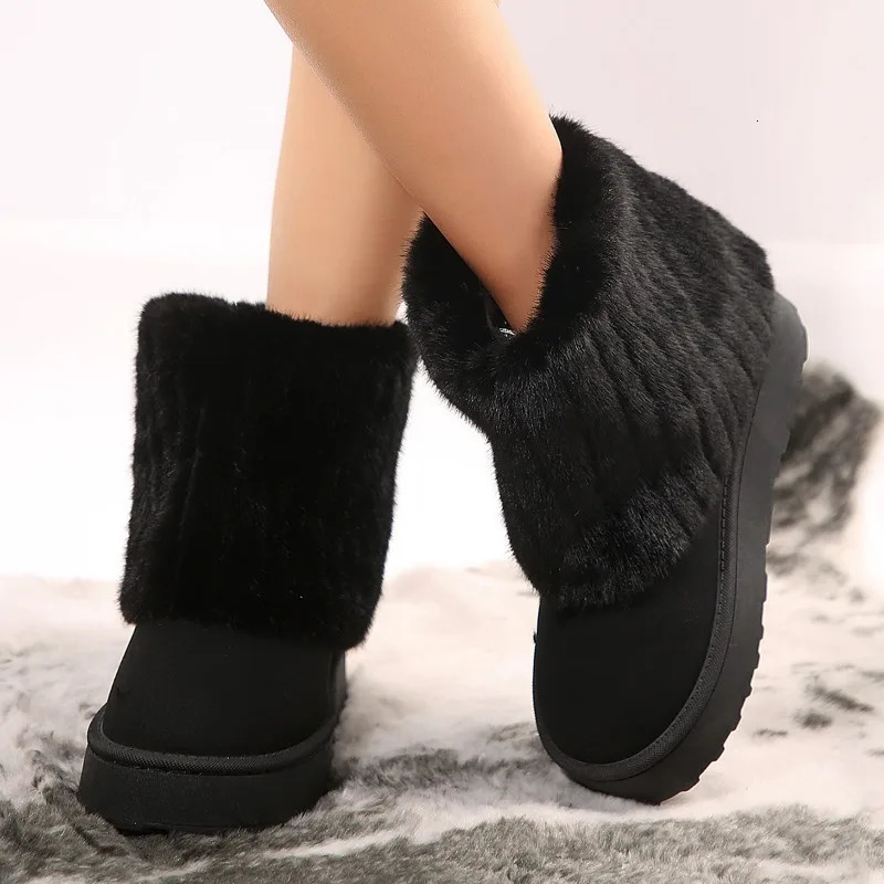 2024 Winter Fashion Casual Womens Boots Thick Sleeve Short Plush Snow Boots Womens Mid-tube Splicing Large Size 44 250106