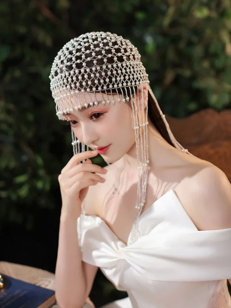 Vintage Aesthetic Women Exotic Pearl Tassel Belly Dance Head Cap Hat HeadwrapHair AccessoryHeadpiece for Party Wedding Showing 250107