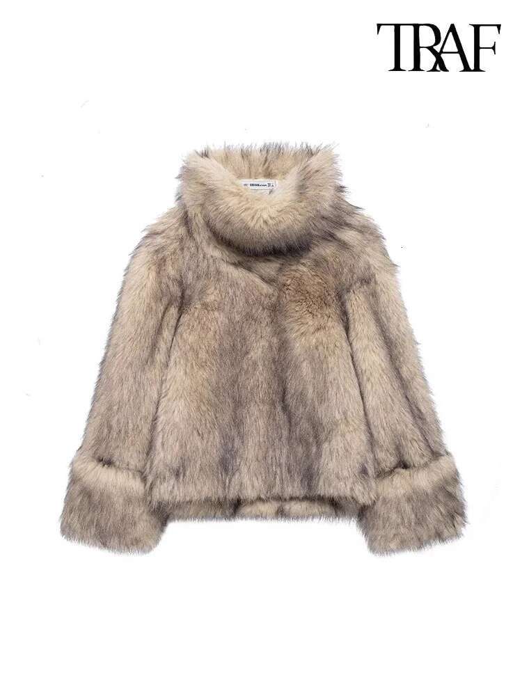 TRAF Women's High Fashion Sweatshirt Street Style Faux Fur Effect Stand Collar Short Jacket New Top