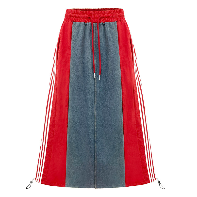 C10798 denim skirt Hong Kong style loose versatile contrast color casual stripes bright line retro nostalgic stitching