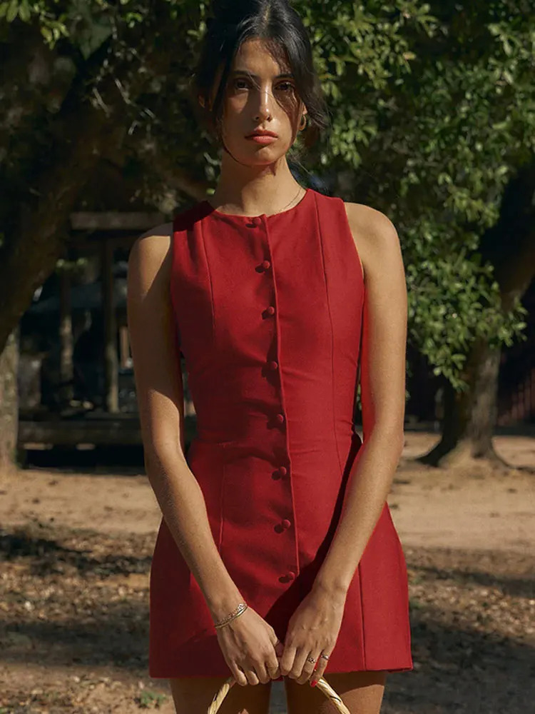 Elegant Y2K Button Up Mini Dress Women Sleeveless O-neck Single Breasted Red Black Dresses 2024 Summer Fashion Lady Streetwear 250107