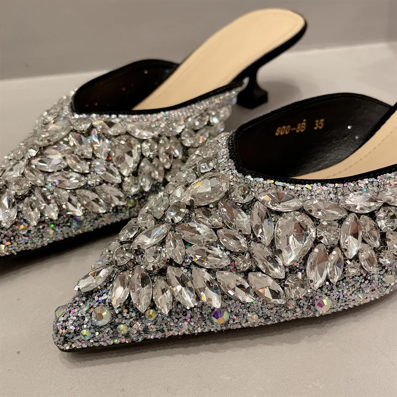 Rhinestone Sandals Women Slingback Slippers Female Fashions Low Heel Flip-flops Shiny Pointed Pumps Women Mule Slippers 250107
