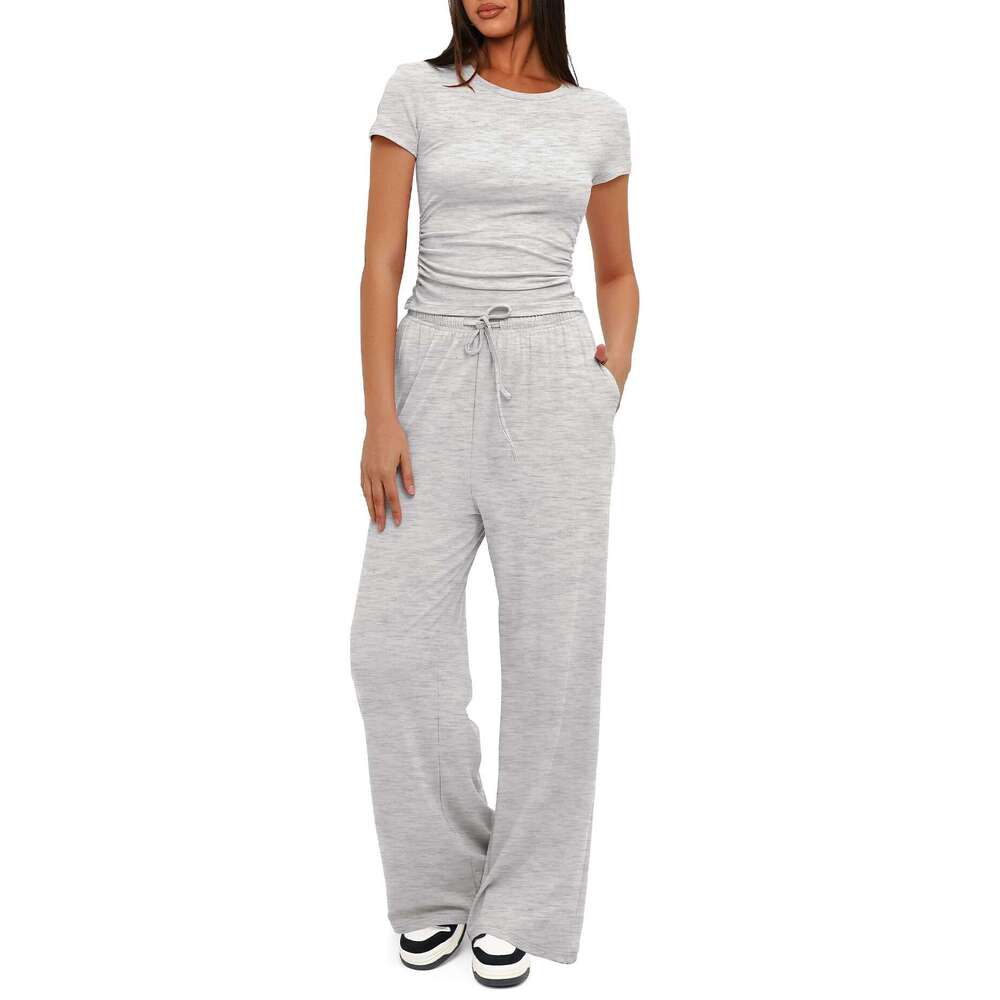 European American Women's 2-Piece Casual Suit With Pleated Short Sleeved Top, High Waist And Wide Legs, Pants For Transportation