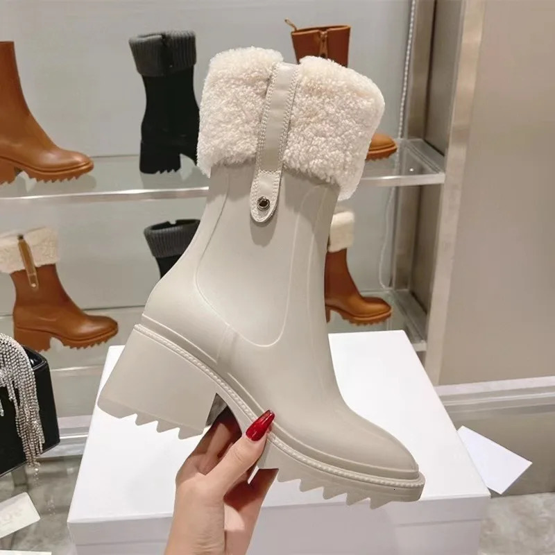 Ankle Boots Women PVC Rain Boots Chunky Heel Height Increasing Short Boots Thick Sole Motorcycle Boots For Size 36-43 250106
