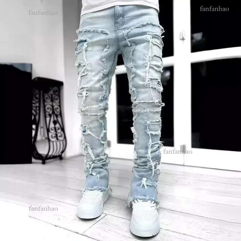 Mens regular suit stacked jeans torn ultrathin patches Distressed Destroyed denim Hip Hop streetwear Trouser fabric 241211