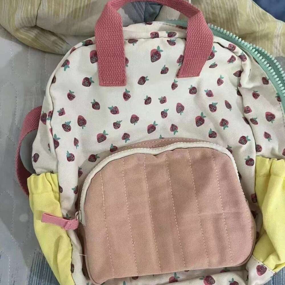 2025 new canvas strawberry for children and girls dopamine color blocked cute casual travel backpack