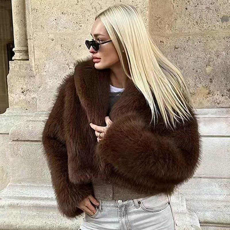 TRAF Women's Winter Fluffy Faux Fur Coat Women Crop Brown Bury Jacket Fashion Plush Long Sleeve Coats Hairy Outwears