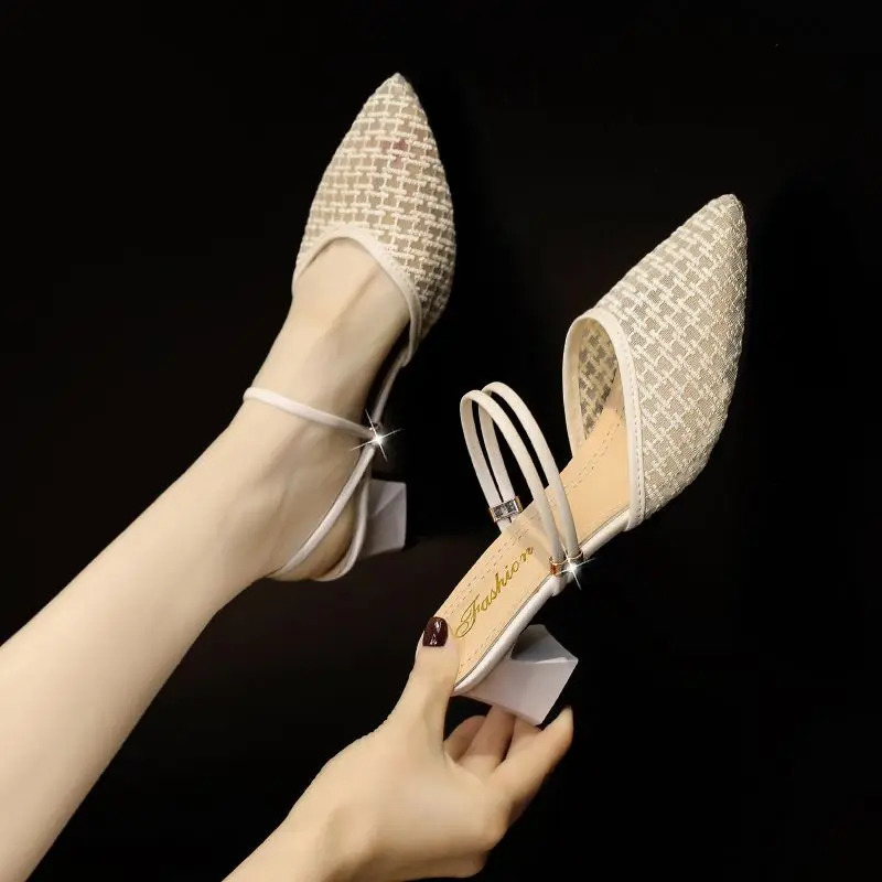 Summer Sexy Pointed Toe Sandals Thin Strap Mulles White Yellow Women Shoes Elegant Women Fashion Square Heels Slippers 250107