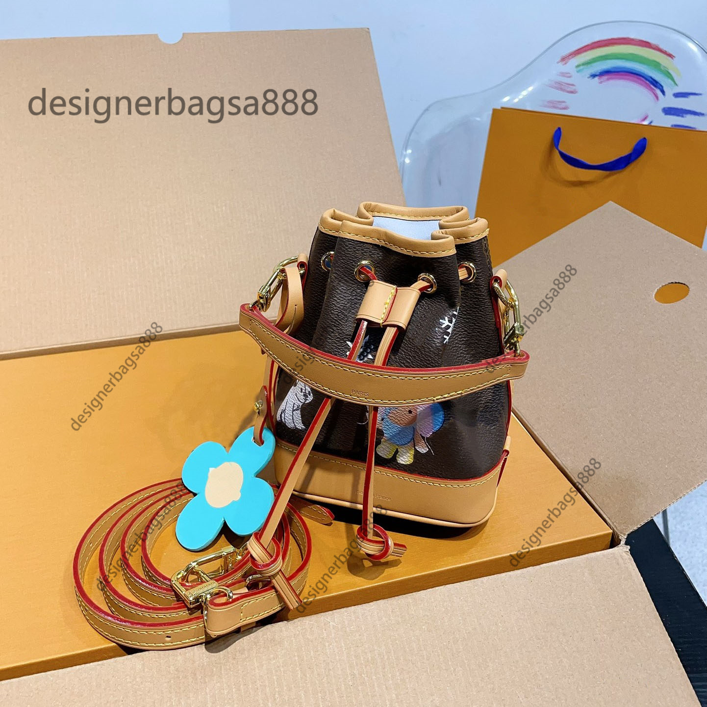 new Women's bags bucket Nan o Noe Azur Frost handbag Colored Cowhide-leather trim canvas Textile ing Drawstring closure Snow Show Christmas bag designerbagsa888