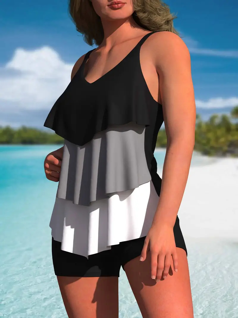 Big Women Tankinis Plus Size Ruffle Swimsuit Colorblock Cami Sleeveless Two Piece Swimwear Tiered Top with Boyshorts Bathing Suit Leisure Vacation Bea