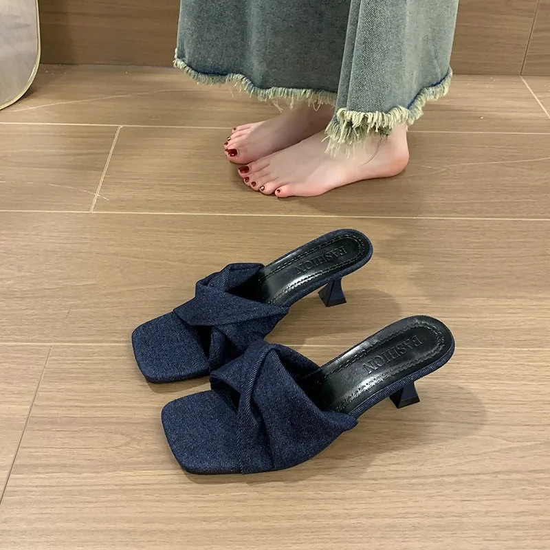 Summer 2024 Womens Slippers Open Toe Denim Thin Heels Outdoor Ladies Slippers Dress Party Shoes Mules Women Shoes D03 250107