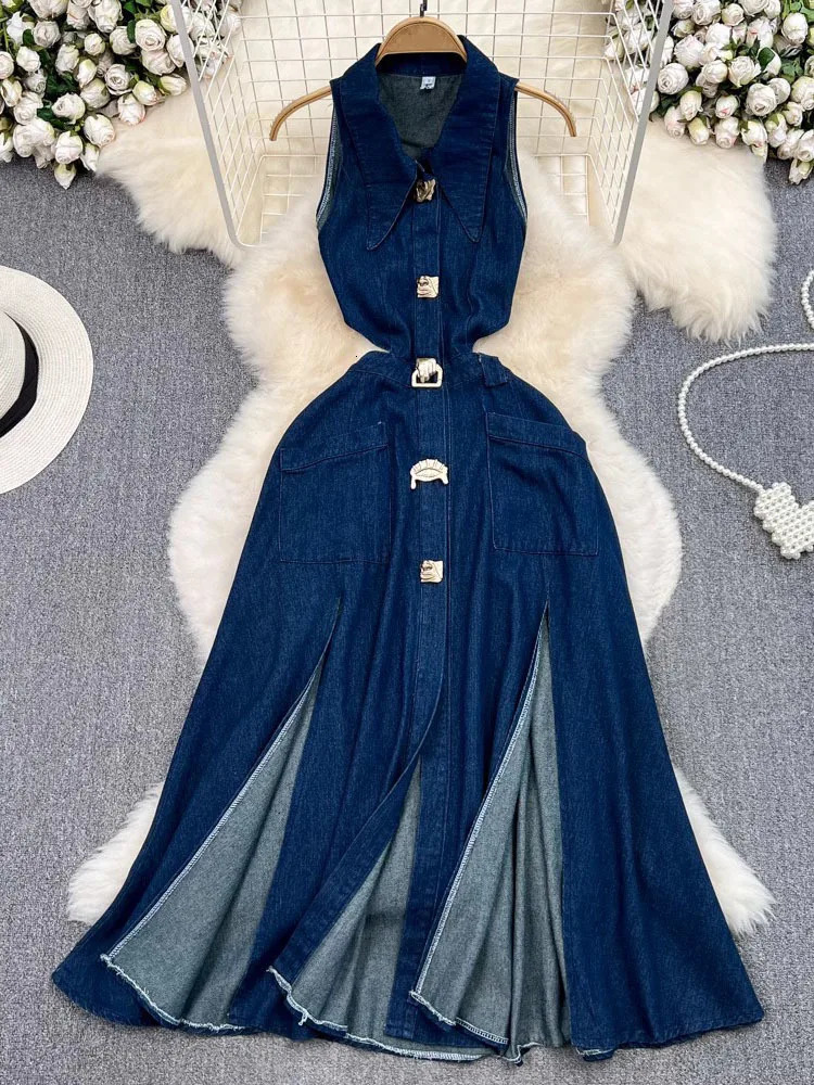 DEAT Trendy Fashion Womens Metal Buckle Waist Hollow Out Denim Dress 2024 Spring Lapel Sleeveless Split Dresses Female 33A1196 250107