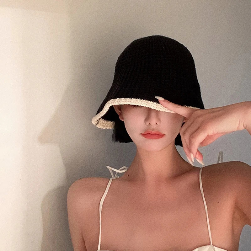 Summer Knitted Bucket Hat Breathable Colorblock Womens Hip Hop Cap Men Foldable Bob Fisherman Hat Outdoor Travel Gorros Panama 250107