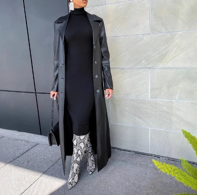 Cardigan lapel button up versatile warm trendy long leather jacket 250103