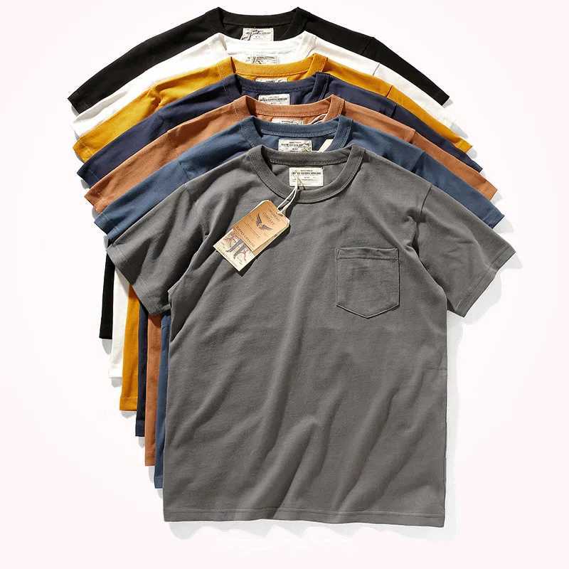 New Arrival 2025 Summer New Pocket T-shirt Mens Short Sleeve Retro Solid Color Simple Round Neck Heavy duty Washable Old Bottom Top Z250108