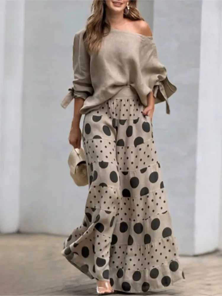 2-piece womens shoulder top with polka dot printed wide leg pants matching set fashionable womens 2024 set W250108