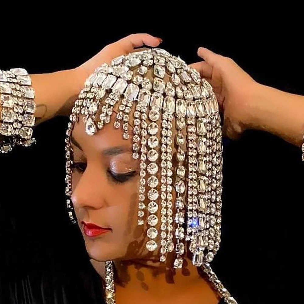 Crystal Square Tassel Hair Chain Bridal Headpiece for Women Rave Accessories Rhinestone Geometric Head Chain Hat Jewelry 250107