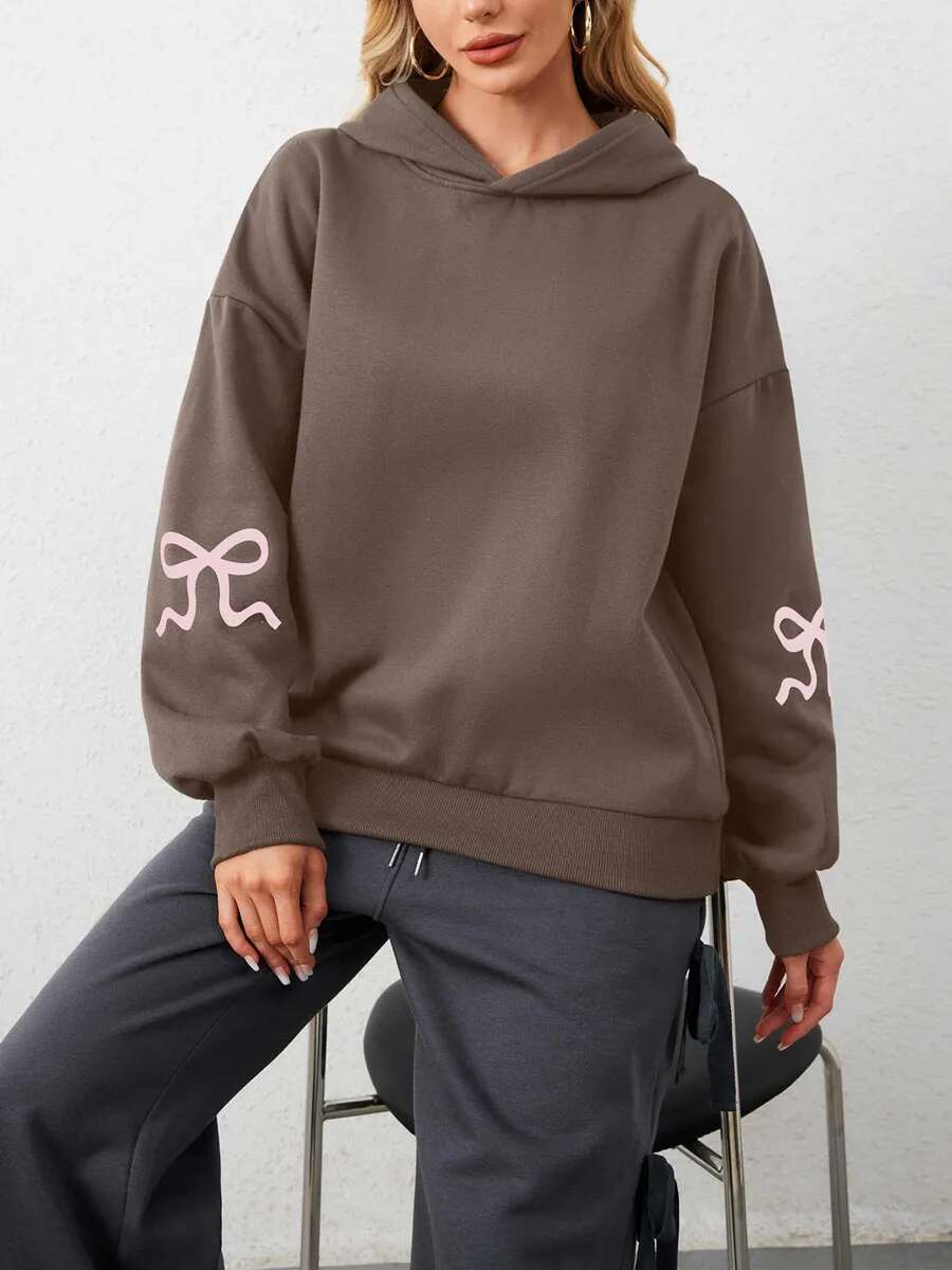 Women Oversized Loose Hoodies Bow Print Long Sleeve Hooded Sweatshirts Ladies Autumn Spring Pullovers Tops Streetwear Aesthetic