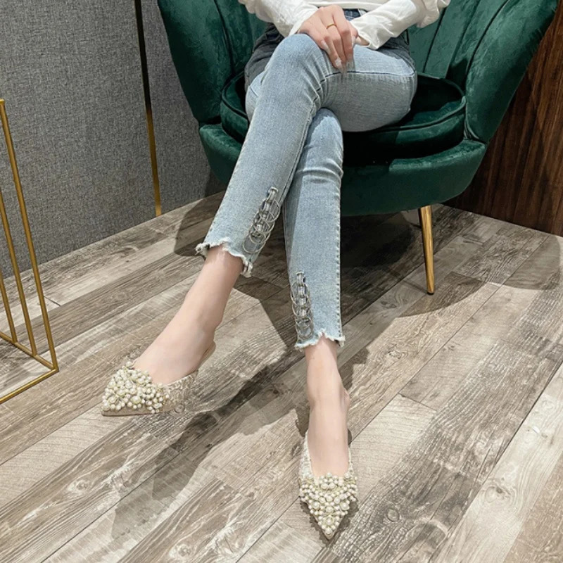2024 Fashion Pointed Toe Pearl Slippers Pumps Office Dress Elegance Summer Slingback High-heeled Shoes for Women 250107