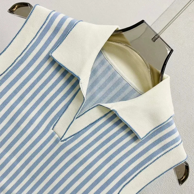 Summer Polo Collar Knit T-shirt Women Cropped Striped Vest Tops Sleeveless Contrasting Edges Tees 2024 Clothing 250107