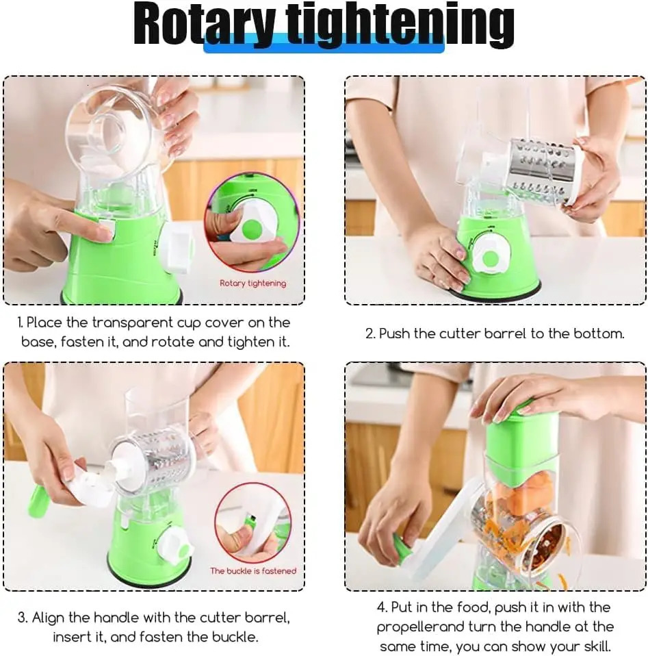 Cheese Grater Rotary Rotary Grater for Kitchen 3 in 1 Grater Vegetable Slicer with 3 Drum BladesFast Cutting Cheese Shredder 250107